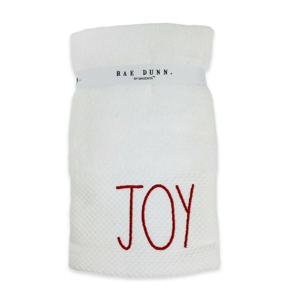 Rae Dunn JOY Hand Towels White with Red Set Of 2 - Picture 2 of 2